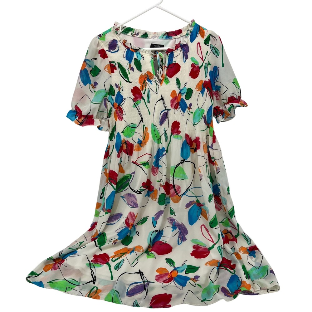 Ninety Clothing Co Womens Small Abstract Floral Plisse Pleated Mini Dress White